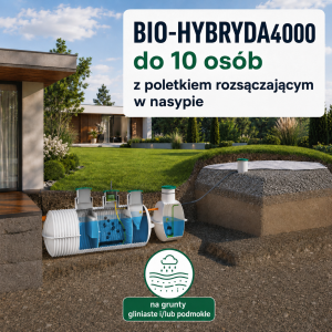 Oczyszczalnia przydomowa BIO-HYBRYDA 4000 z przepompownią i poletkiem rozsączającym w nasypie