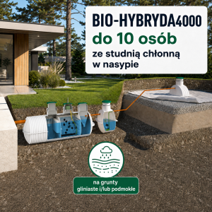 Przydomowa oczyszczalnia BIO-HYBRYDA 4000 z przepompownią i studnią chłonną w nasypie